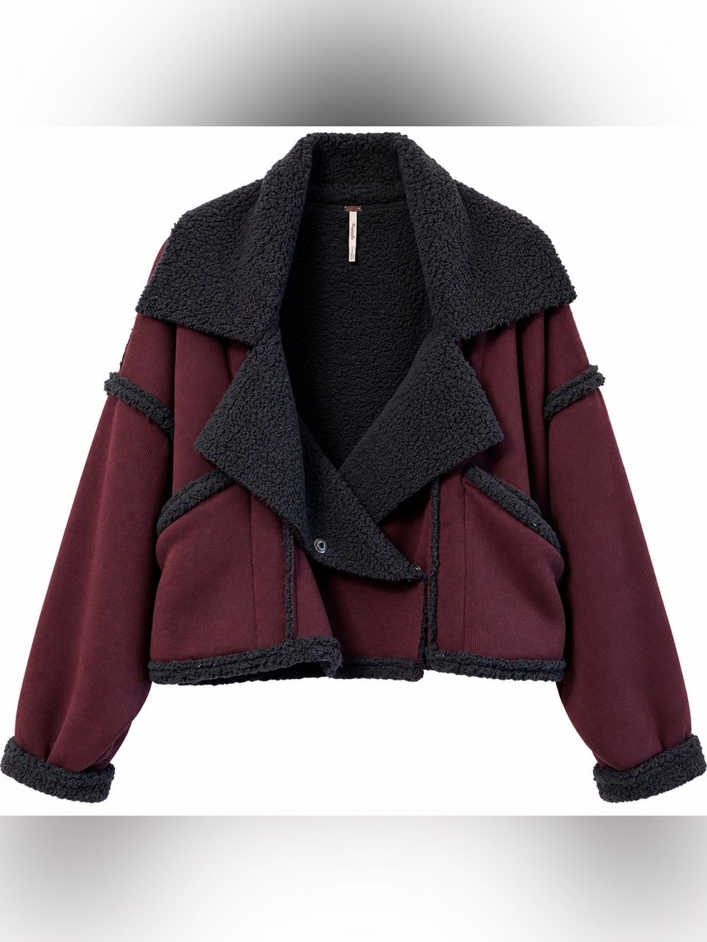 Free People Plum Cropped Teddy Jacket with Black Sherpa Trim size medium